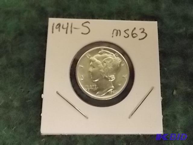 lot 36 image: 1941 S Mercury Dime (MS-63 Graded)...
