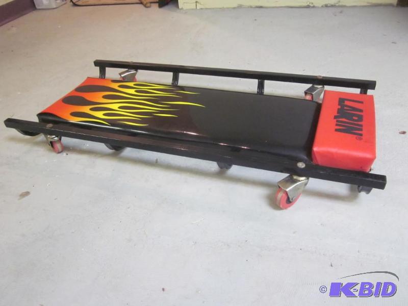 lot 5 image: Larin padded mechanics dolly, with flames in ...