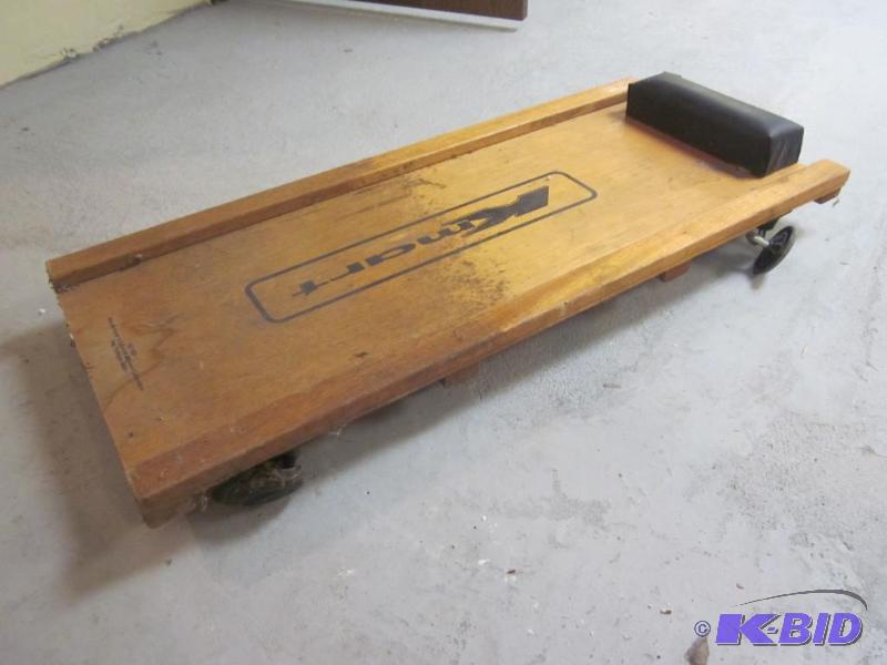 lot 9 image: Wooden mechanics wheeled dolly cart.   &...