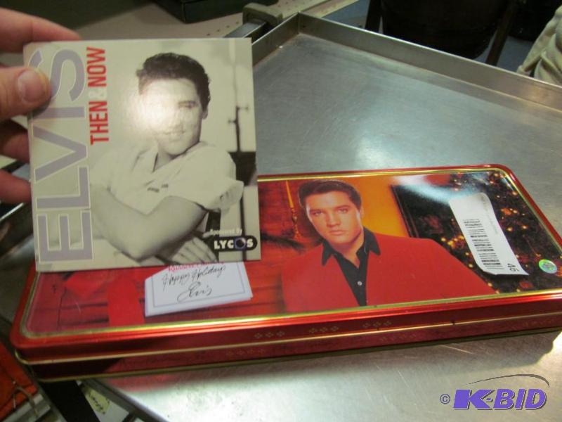 ELVIS TIN CANDY BOX AND  ELVIS--  THEN AND NOW  CD COVER