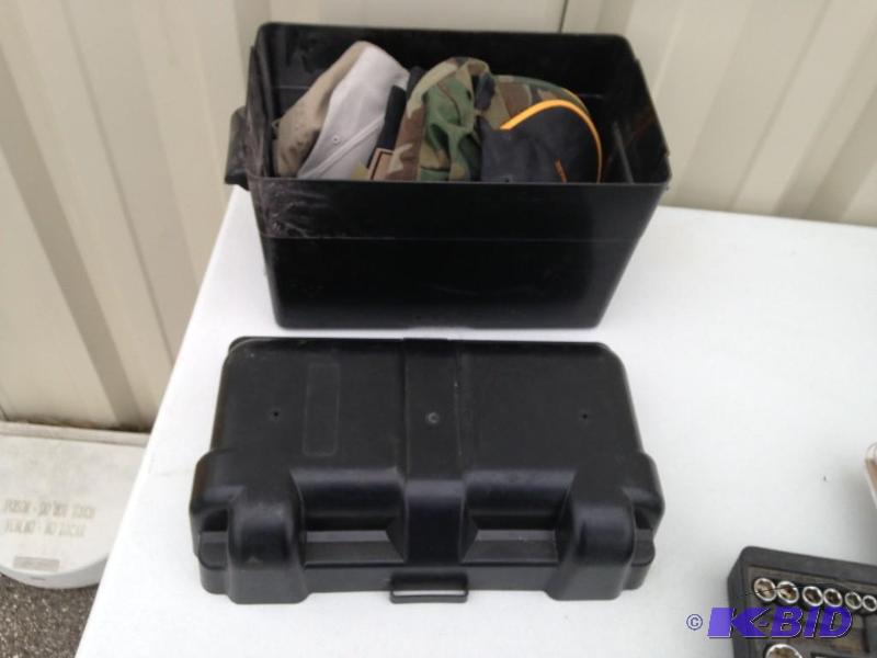 lot 50 image: Boat Battery Holder with several John Deere Caps