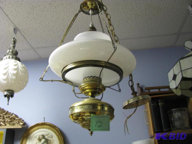lot 12 image: gold tone hanging light on the larger size, h...