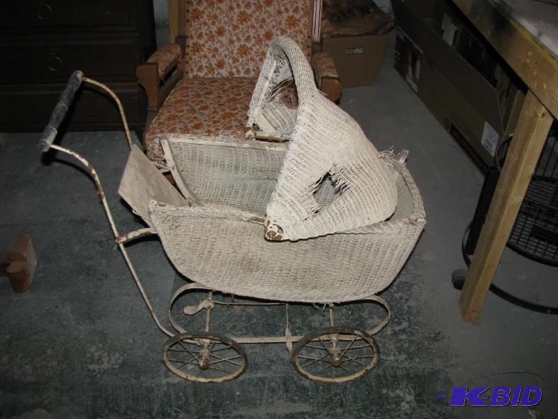 lot 70 image: antique metal, wood and wicker doll stroller ...