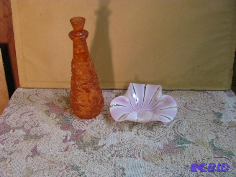 lot 93 image: glass items. Orange bottle with stopper and c...