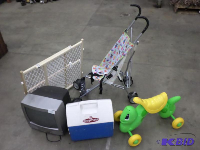 lot 55 image: Lot Of (1) T.V., (1) Stroller, (1) Toddler G...