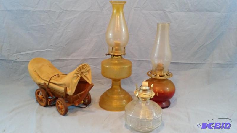 3 Oil lamps and Covered Wagon lamp