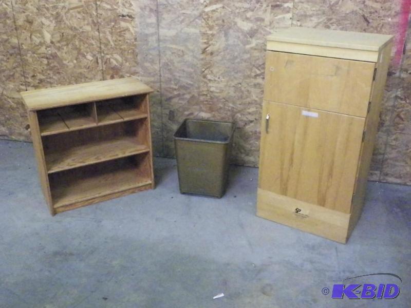 lot 187 image: Bookshelf, Cabinet, and Trash can