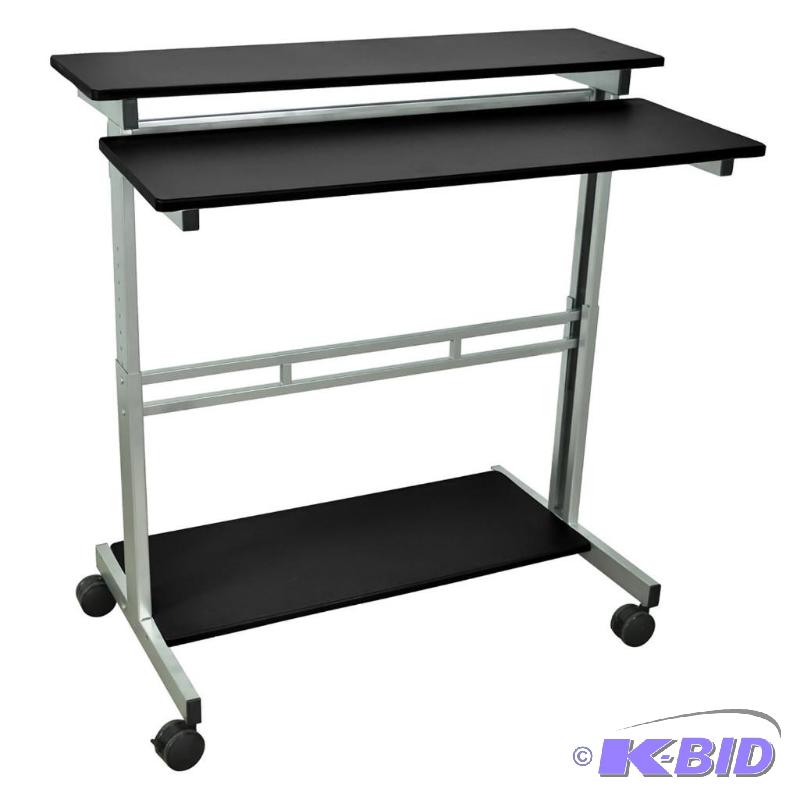lot 4 image: Luxor Mobile Stand-Up Computer Desk With Silver Gray Frame And Black Laminated Shelves