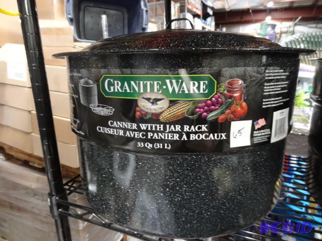 lot 65 image: New granite ware brand canner with jar rack. ...