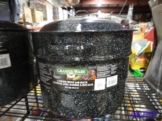 lot 66 image: New granite ware brand canner with jar rack. ...