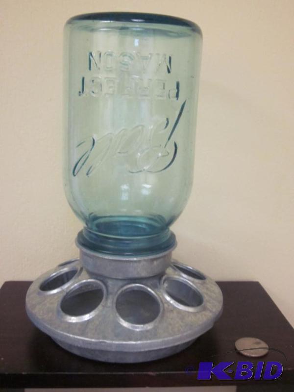 lot 20 image: Antique blue glass Ball jar and galvanized ba...