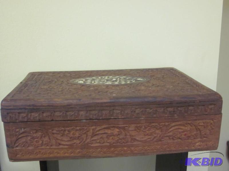 lot 22 image: Large hand carved wooden box with bone inlay,...