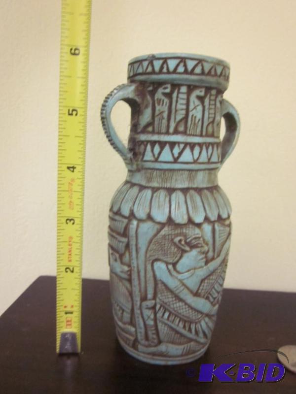 lot 35 image: 6 inch Egyptian teal vase, great detail, exce...