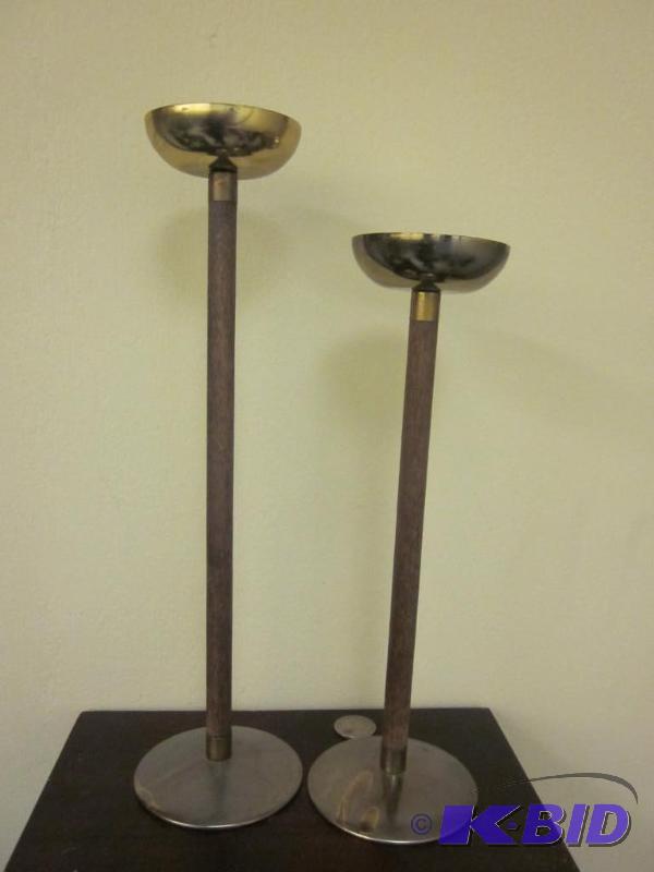 lot 46 image: Pair of Mid Century wood and metal candle hol...