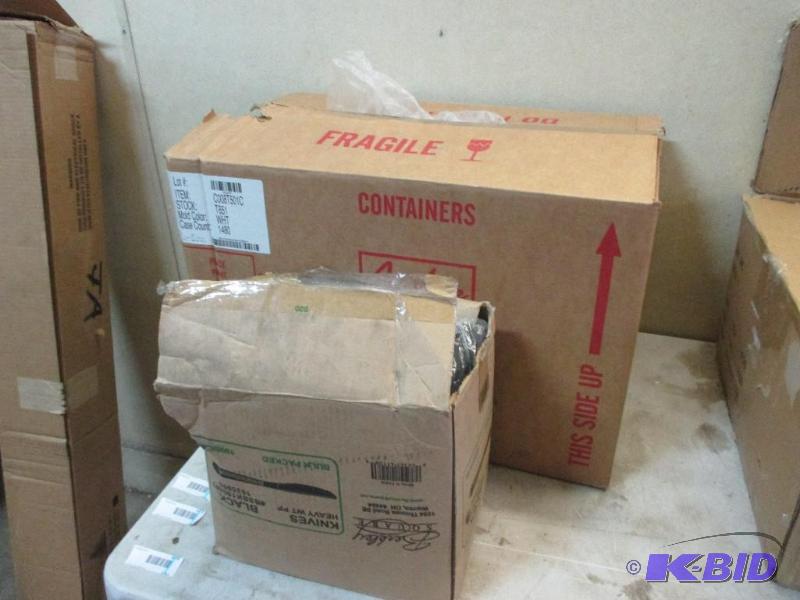 Case of white cups and case of black knives...