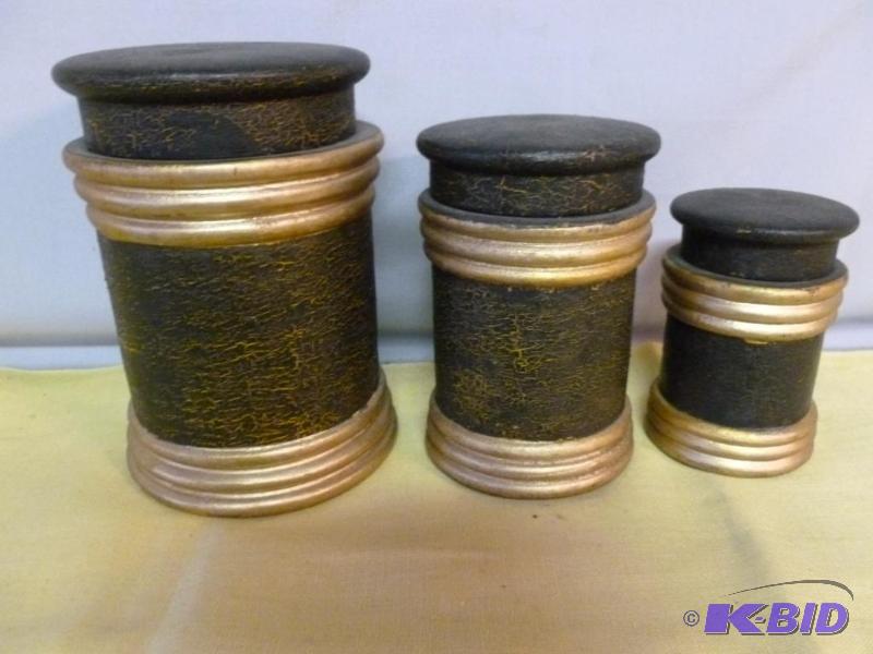 lot 103 image: Nice set of three decorative wood canisters w...