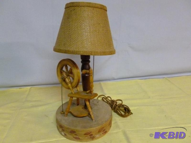lot 114 image: Vintage wooden spinning wheel end table lamp ...