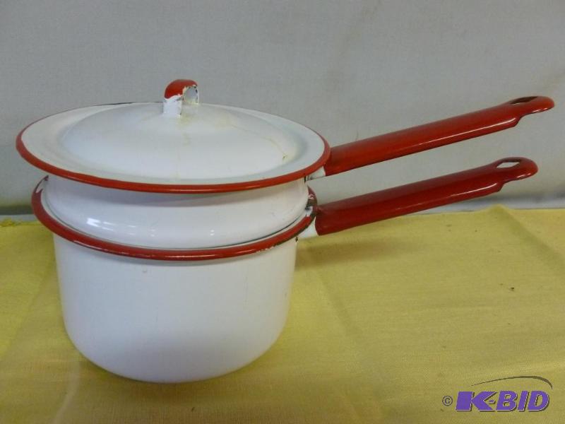 lot 87 image: Vintage red and white enamelware double boile...