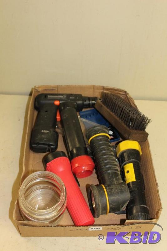 lot 308 image: Flashlights, Power Drill, Brush, etc ...