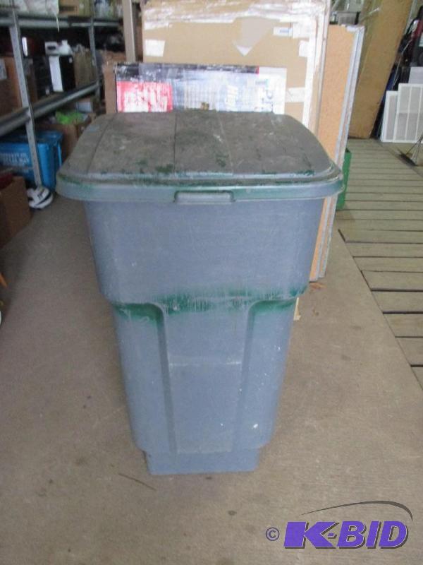 lot 32 image: rubbermaid garbage can on wheels...