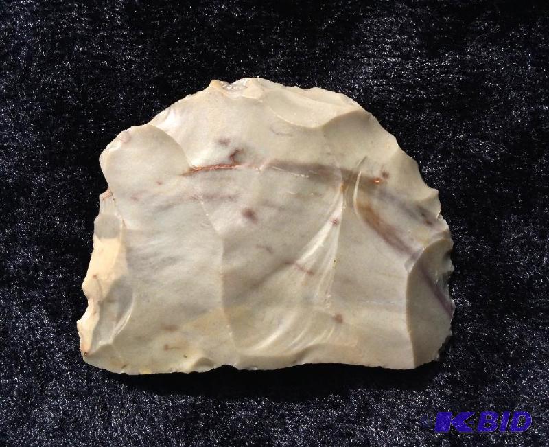 lot 24 image: Paleolithic Scraper Chert Tool made from grey, green with tan stripes
