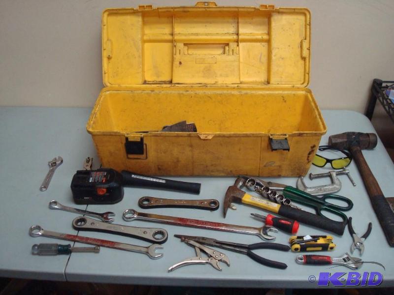 lot 56 image: Yellow Tool Box With Misc. Tools, Box Is Brok...