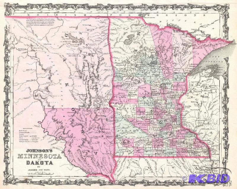 lot 12 image: RARE ORIGINAL Hand Colored 1860 Maps Minnesota & Dakota (Indian Territory) LOT OF 2