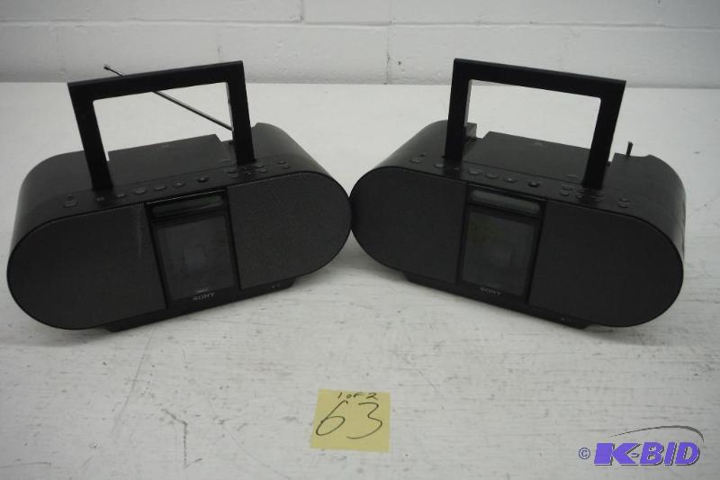 lot 63 image: Lot of two Sony ZSS4IP 30-Pin iPhoneiPod Portable CD Radio Boombox Speaker Docks (Black)