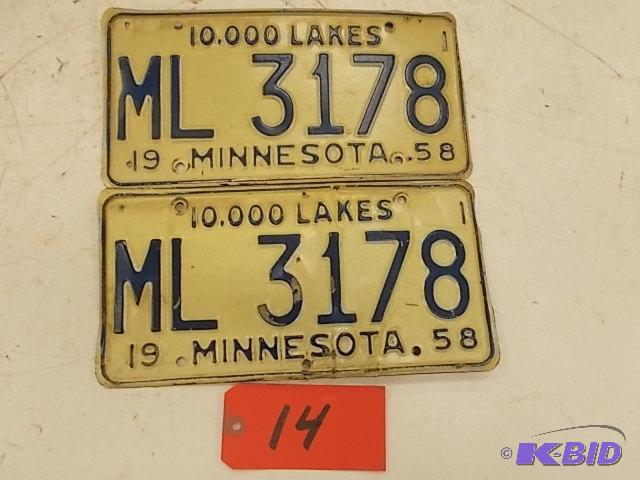 lot 14 image: Pair of 1958 Minnesota License Plates...