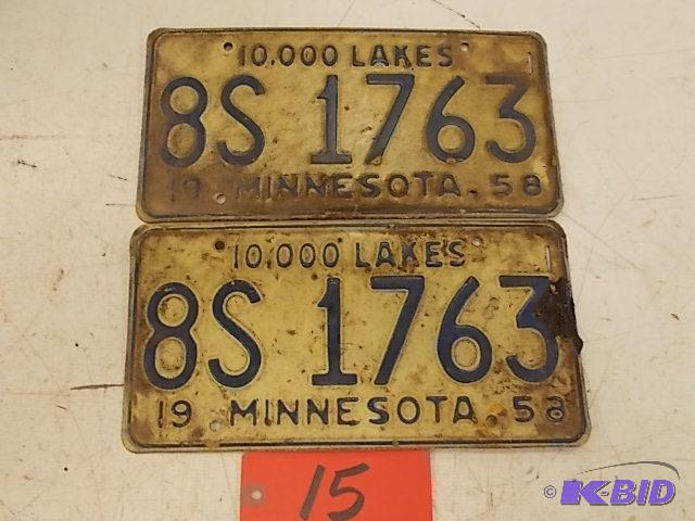 lot 15 image: Pair of 1958 Minnesota License Plates...
