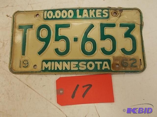 lot 17 image: 1962 Minnesota License Plate...