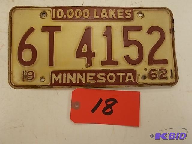 lot 18 image: 1962 Minnesota License Plate...