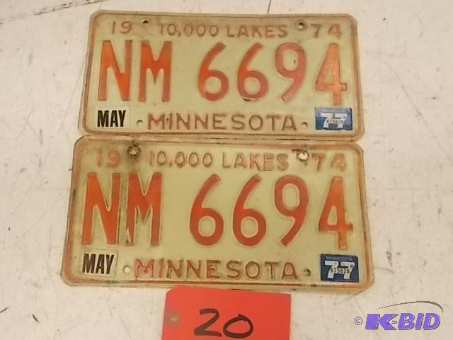 lot 20 image: Pair of 1974 Minnesota License Plates...