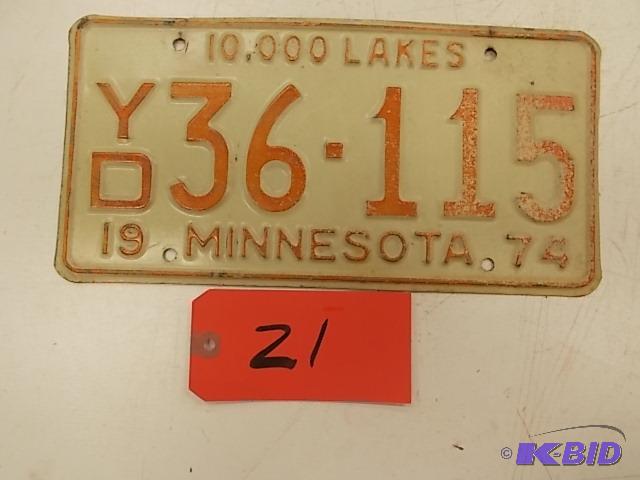 lot 21 image: 1974 Minnesota License Plate...