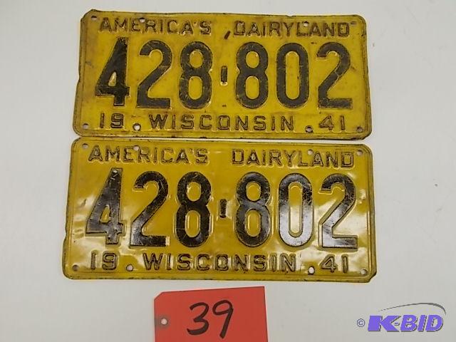 lot 39 image: Pair of 1941 Wisconsin License Plates...