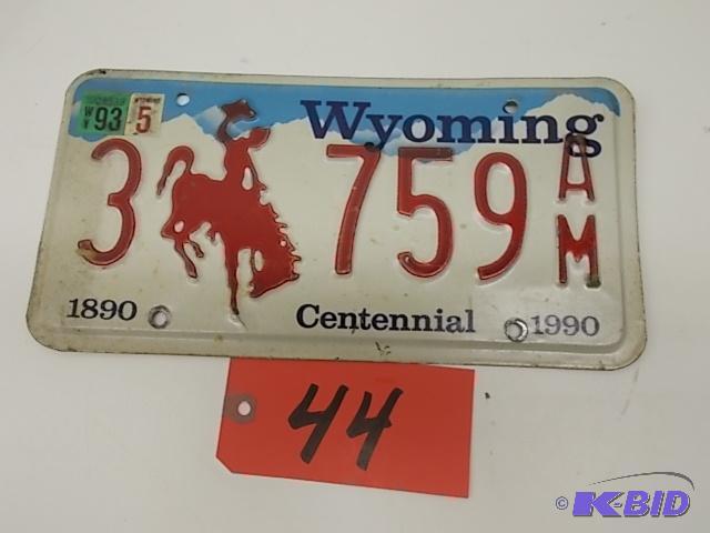 lot 44 image: 1990-93 Wyoming License Plate...
