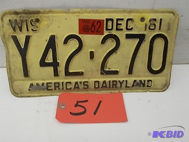 lot 51 image: 1961 Wisconsin License Plate...