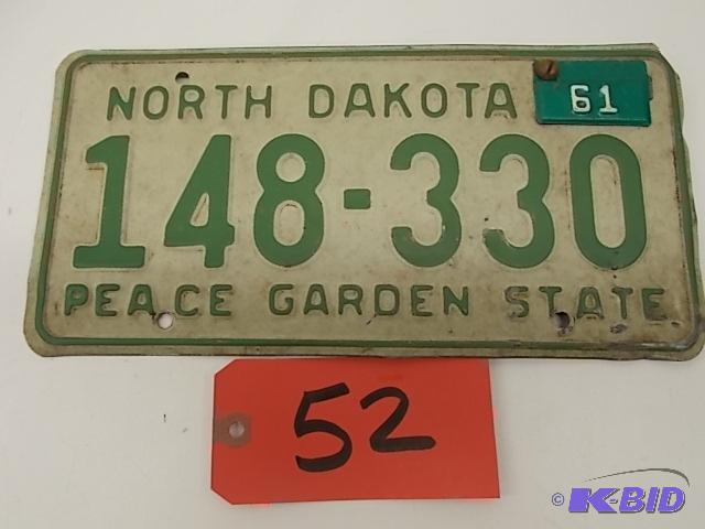 lot 52 image: 1958-61 North Dakota License Plate...
