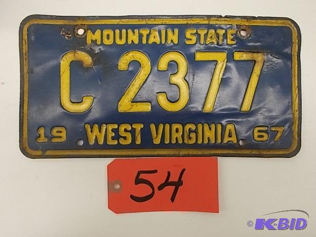 lot 54 image: 1967 West Virginia License Plate...