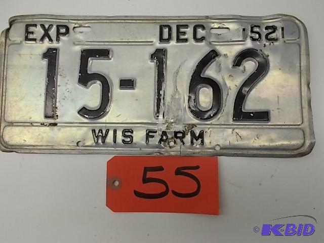 lot 55 image: 1952 Wisconsin License Plate...