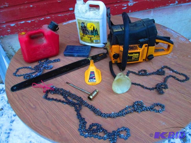 Poulon Pro chain saw with 4 chains, bar oil, ...