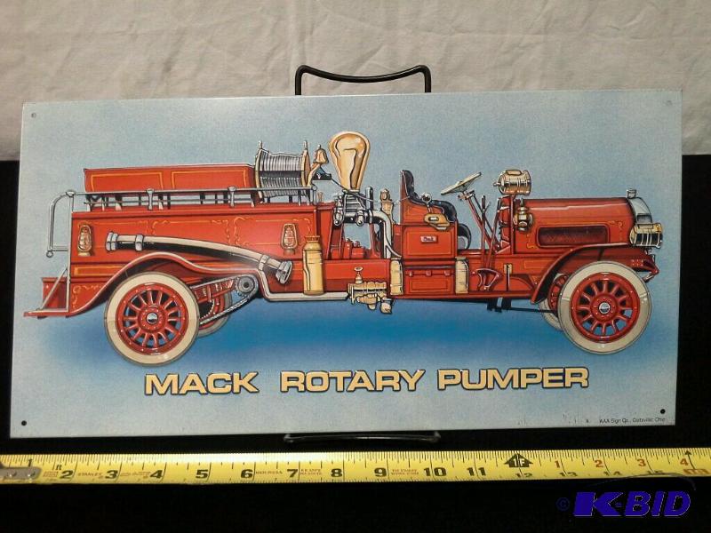 lot 3 image: Mack Rotary Pumper Firetruck tin sign