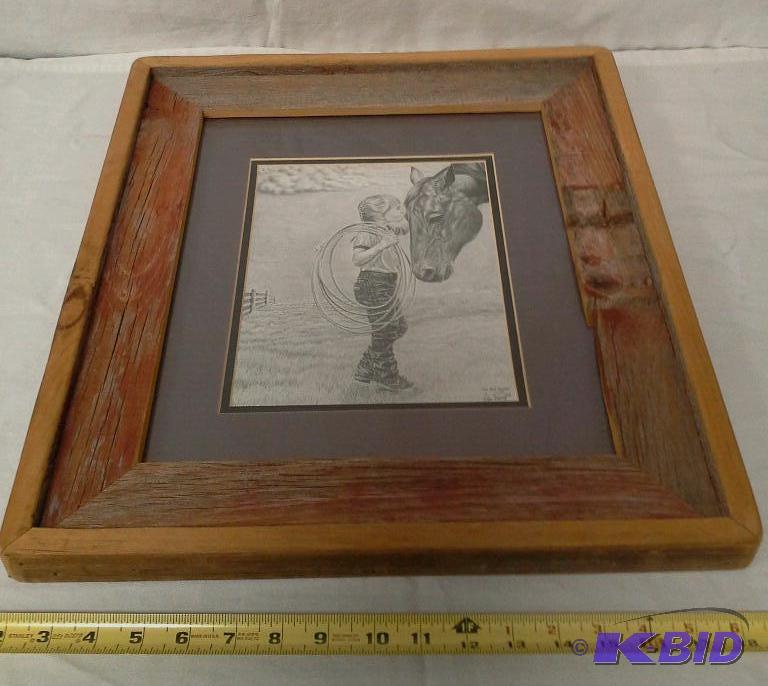 lot 33 image: My Best Friend print by Glen Powell in barn wood frame