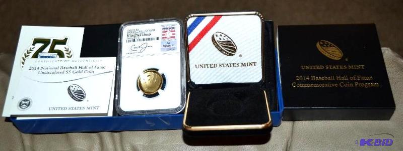 lot 13 image: $5 GOLD coin- Baseball Hall of fame proof gra...