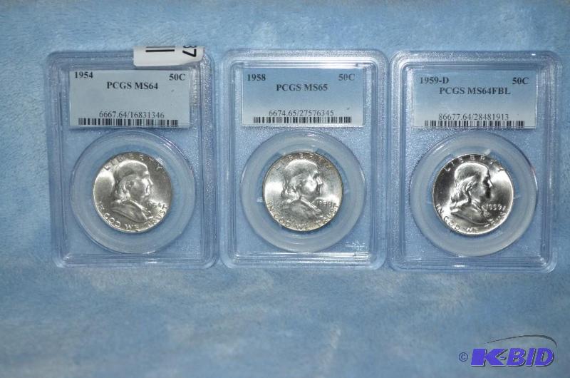 lot 37 image: 3 Half Dollars 1959-D PCGS&nbspMS65FBL 1955&...
