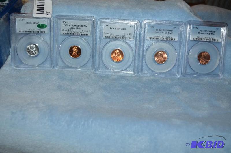 lot 38 image: 1943-S Silver Penny PCGS MS67 1970-S Penny PC...