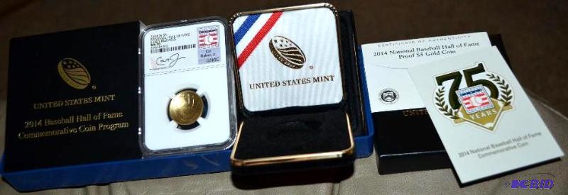 lot 4 image: $5 GOLD coin- Baseball Hall of fame proof gra...