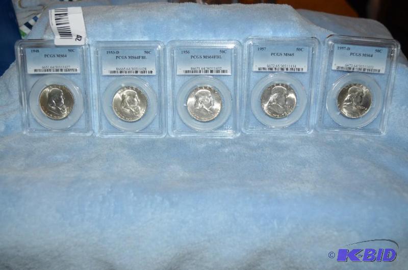 lot 42 image: Lot of 5 Half Dollars   1948 Half Dollar PCG...