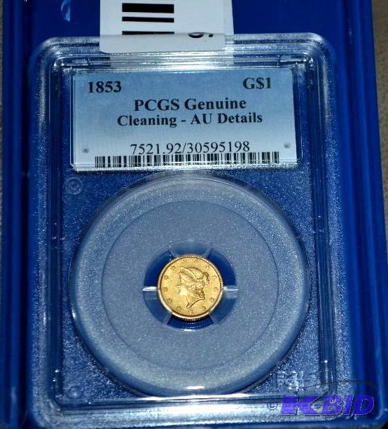 lot 6 image: 1853 Gold $1 Coin- PCGS Graded Genuine Cleani...