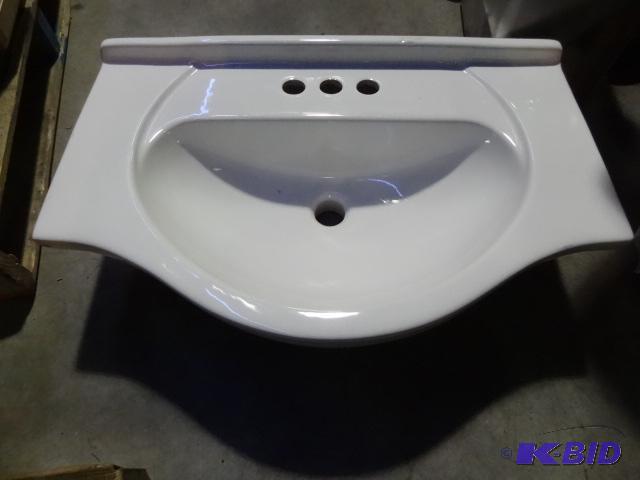 lot 23 image: Wall mount bathroom vanity sink. 27 x 18. Sto...